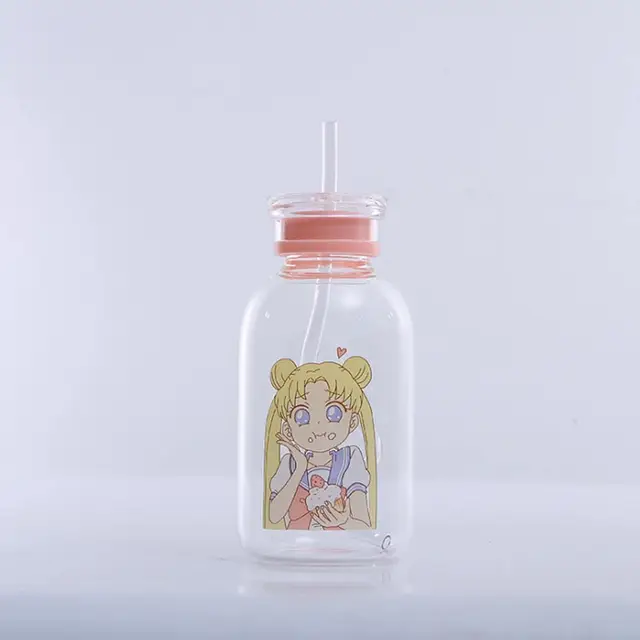 450ML Glass Bottle With lid With Straw Drinking Water Bottles Lovely