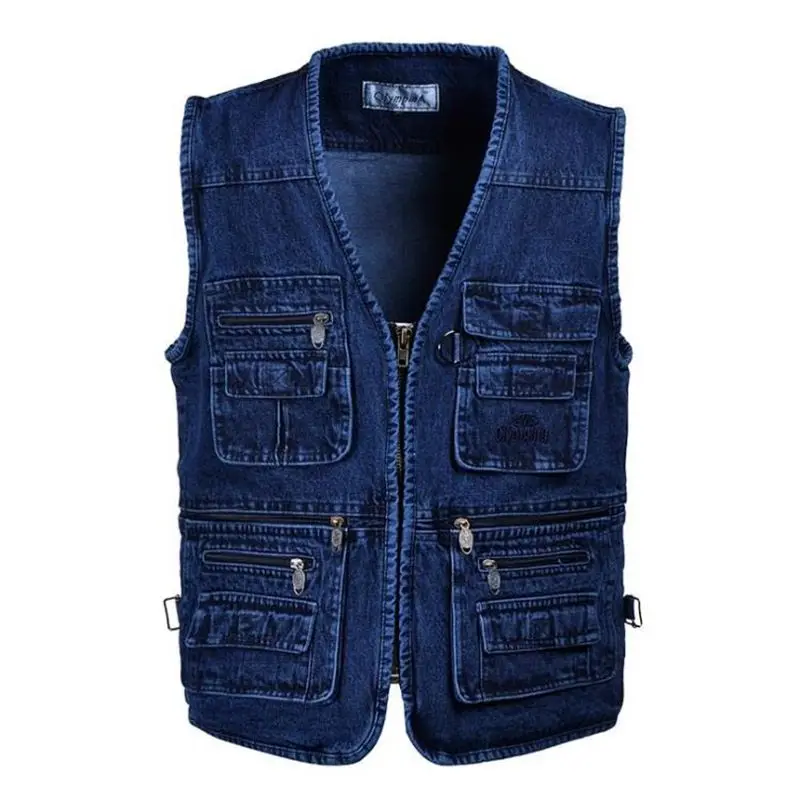 

Brieuces Over size 5XL Denim Vests Men Cotton Multi Pocket Jean Jacket Gilet Male Brand Military Waistcoat masculina jaquetas