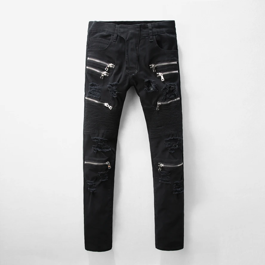 Jeans Men Slim Fit Multi Zippered Denim Pants 2017 New Fashion Male Black Jeans Free Shipping