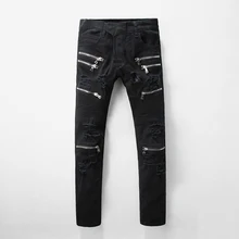 Jeans Men Slim Fit Multi Zippered Denim Pants 2017 New Fashion Male Black Jeans Free Shipping