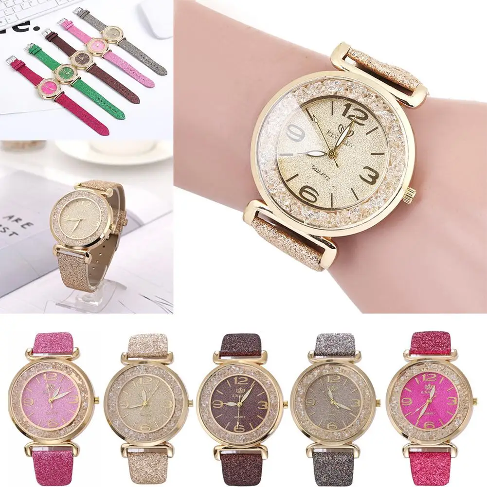

2019 Fashion Women Quicksand Rhinestone Sequined Faux Leather Band Quartz Wrist Watch