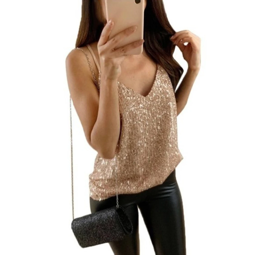 Women Sexy Tank Top Sequin Undershirt Shirt Blouse Streetwear Fashion Top Torridity Tank Tops Clothing - Color: Gold