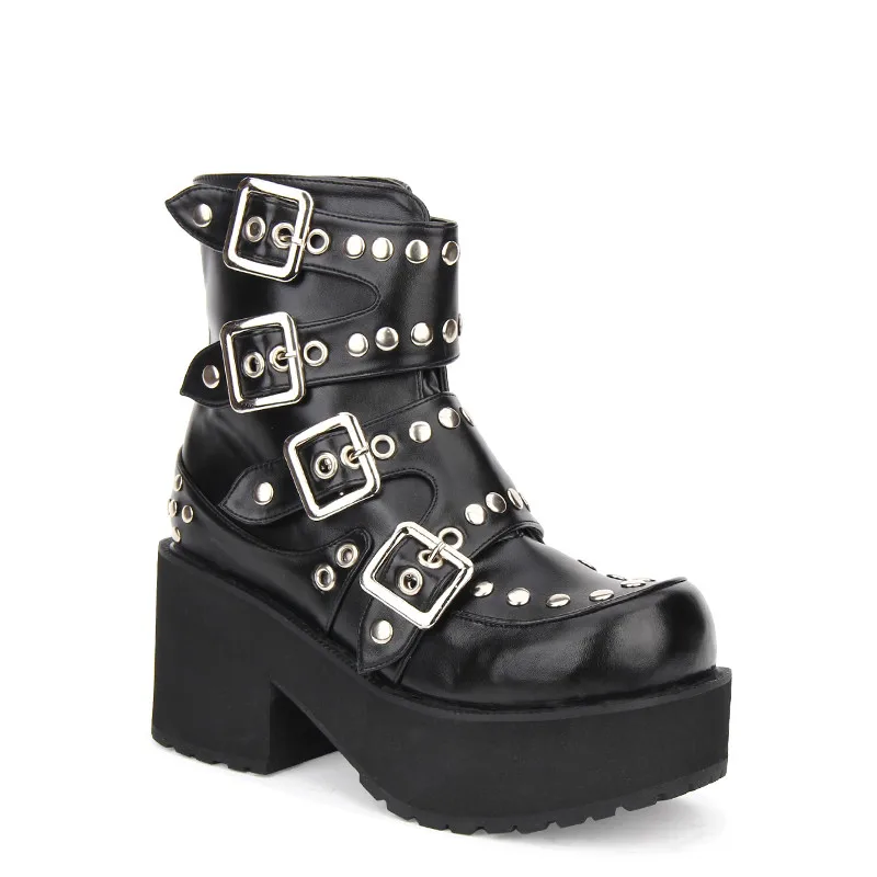 Симпатичные панковские туфли в стиле принцессы популярные женские ботинки в стиле панк с заклепками на толстой подошве с большим носком женские ботинки на нескользящей платформе; pu7003 - Цвет: black