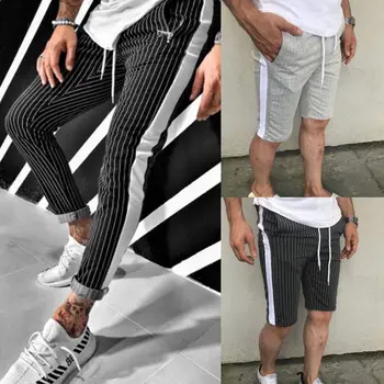 

Men Pant Striped High Waist Long Pants Short Jogger Gym Workout Men Stripe Track Ankle Sport Pants