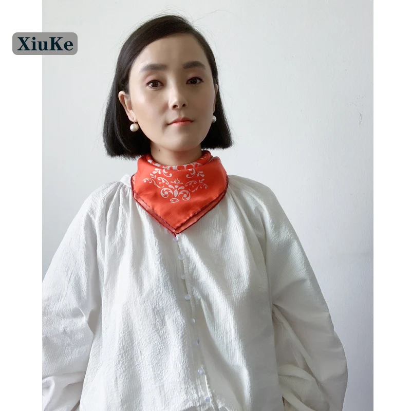  [XiuKe]scarves 2019 new fashion chinese style small square silk scarfblue and white handkerchief