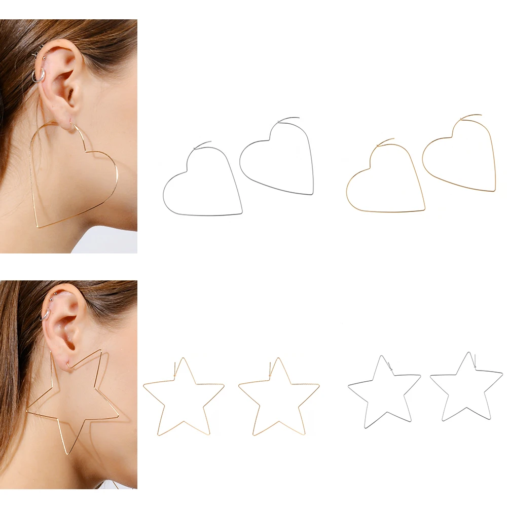 

Fashion Punk Style Simple Design Big Statement Gold wire Heart Star Hoop huggie Earrings Brincos Women Jewelry Wholesale