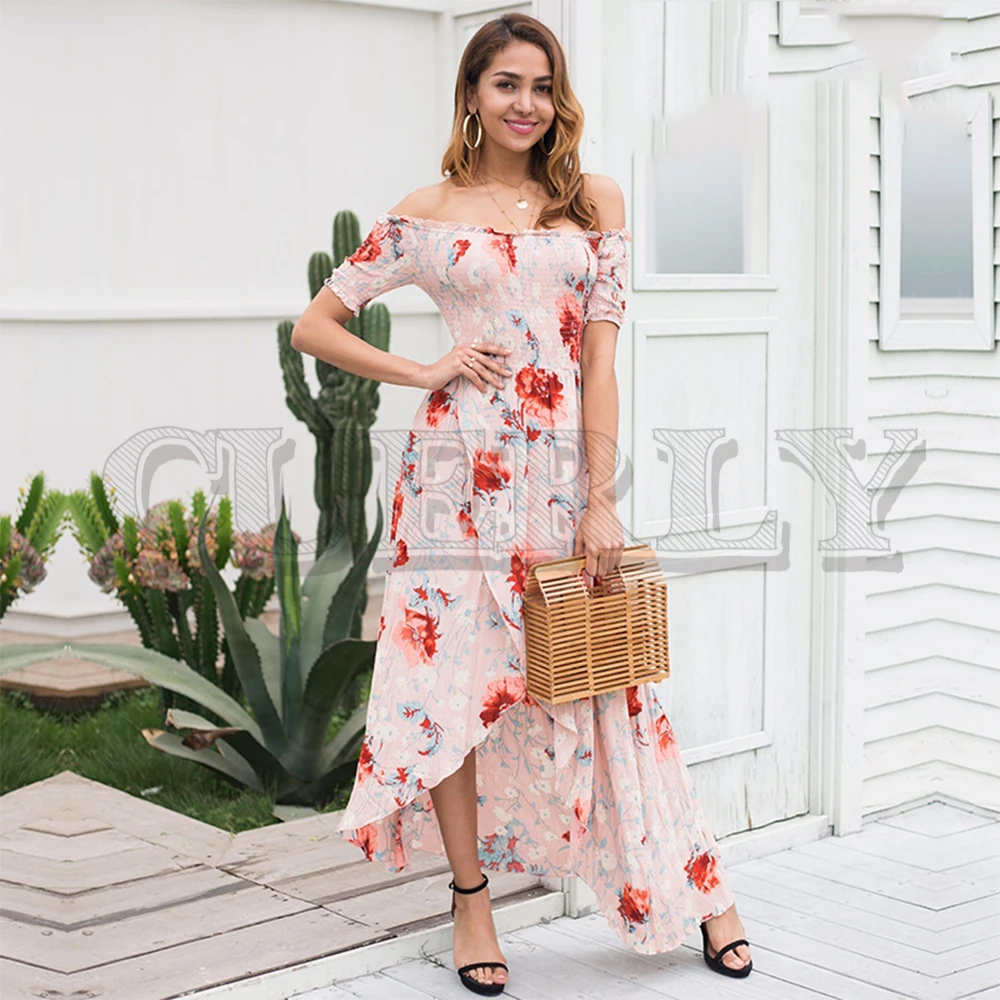 

CUERLY Off shoulder print summer dress women High waist irregular cross long dress Elegant boho dress smocking vestidos 2019