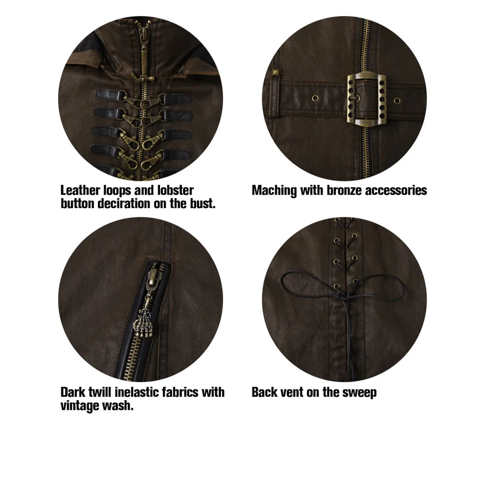 PUNK RAVE Men Punk Rock Coffee Dark Long Coat Gothic Leather Hooded Jacket Punk Fashion Handsome Winter Trench Steage Coat