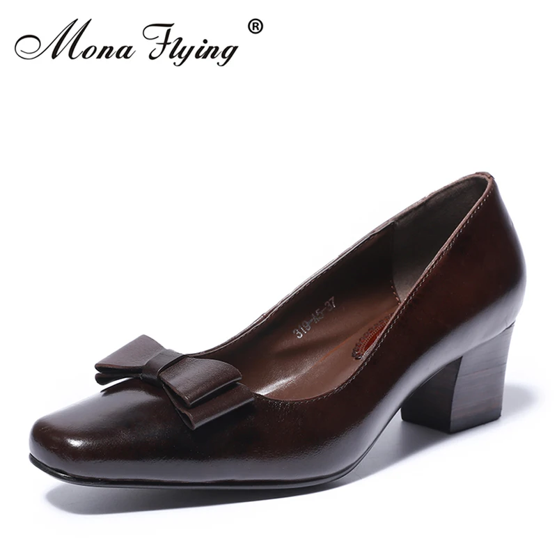 

2018 New Women Pumps Shoes Brand Vintage Genuine Leather Women Med heels Dress Shoes for Office Lady Handmade Shoes Women 319-A5