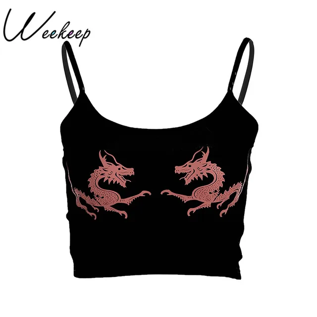 US $5.87 Weekeep Women Cropped Dragon Print Cami Summer Sexy Black Spaghetti Strap Backless Crop Top 2018 St