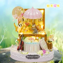 DIY Miniature Dollhouse CANDY CAT GIFT BOX with Musical Movement Kids Toy House Girls Birthday Gift Children Christmas Present