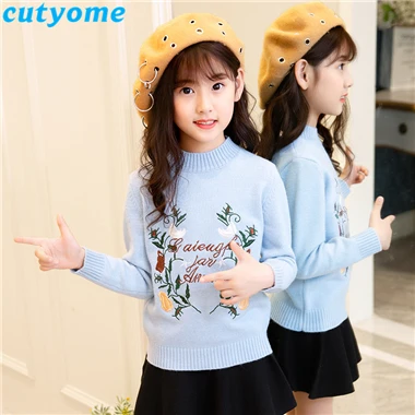 Blue Girls Sweater Осенне-зимний вязаный свитер для девочек-подростков корейский модный трикотаж с цветочным узором и вышивкой пуловеры детские свитера одежда для малышей - Цвет: Blue Girls Sweater