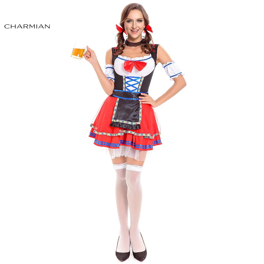 Charmian Beer Girl Costumes Bavarian German Maid Wench Oktoberfest Costume Sexy Fancy Dress Halloween Costumes for Women