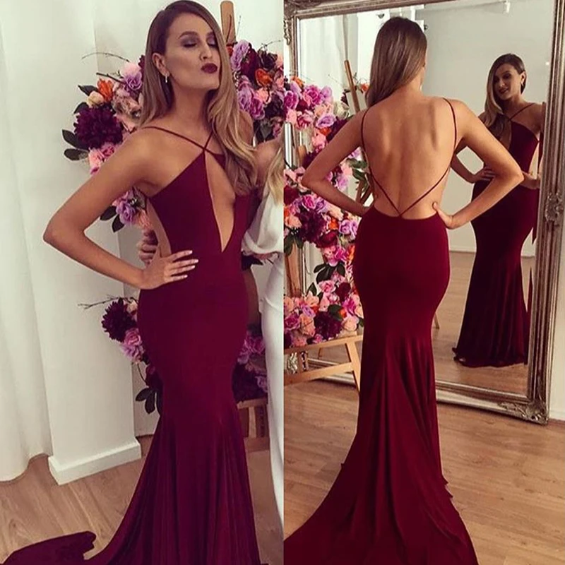 Dresstells Burgundy Mermaid Prom Dresses 2017 Sexy Straps Deep V neck