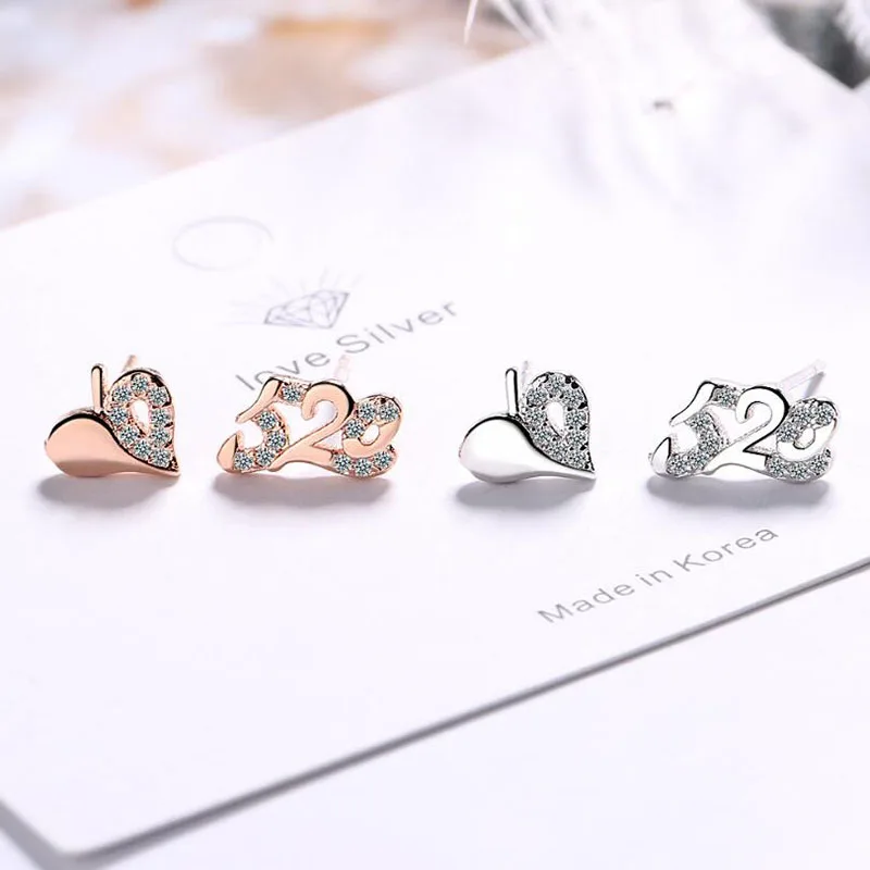 

KOFSAC Asymmetry 925 Sterling Silver Stud Earrings Girl Jewelry Charm Zircon 520 Heart Mini Earring Women Engagement Accessories