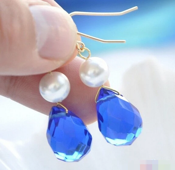 

1491 blue Teardrop faceted crystal white round pearl dangle earring