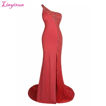 

Linyixun Real Photo Sexy One Shoulder Evening Dresses 2017 Long Mermaid Chiffon Luxury Crystal Prom Dresses vestido de festa