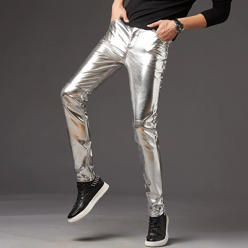 Pantalones ajustados de piel sintética para hombre, Ropa de baile actuaciones en Club, de PU brillante, negro, dorado y plateado, 2022| informales| -