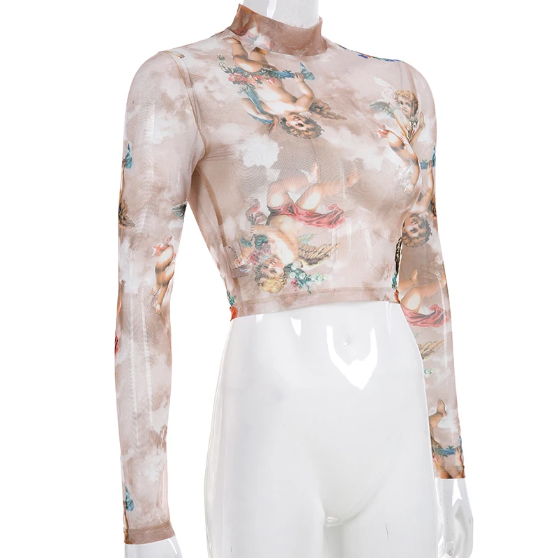  Sweetown Summer 2019 Kawaii Mesh Crop Top Tshirt Greek Mythology Angel Print See Through Top Women 