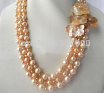 

000981 3Strands Pink Round Freshwater Pearl Shell Flower Necklace