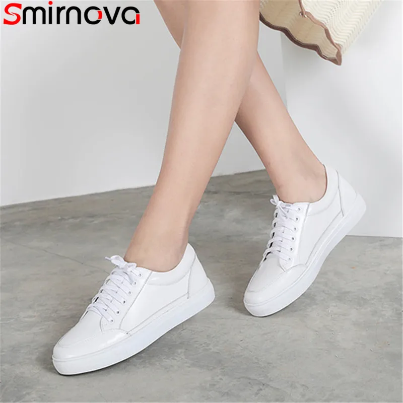 

Smirnova 2019 new shoes woman round toe lace up flats women Casual genuine leather shoes women comfortable single shoes woman