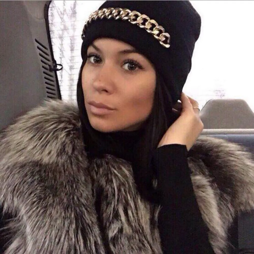 

Gold Plated Chain Decoration Slouch Hat Cap Beanie Unisex Women Mens Knitted Knit Winter Warm Hats 2017 New