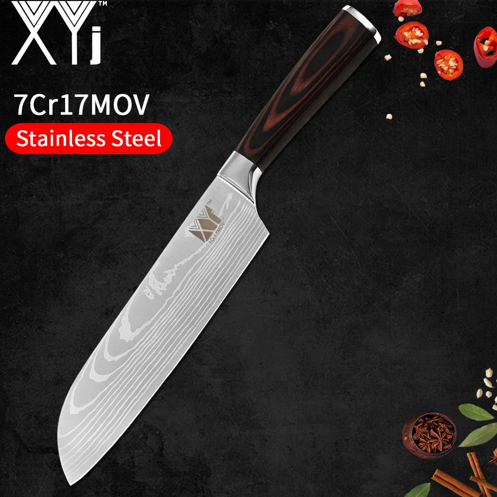 

XYj Chef Slicing Santoku Utility Fruit Knives Damascus Veins Pattern 7Cr17MOV Stainless Steel Kitchen Knife Professional Cleaver