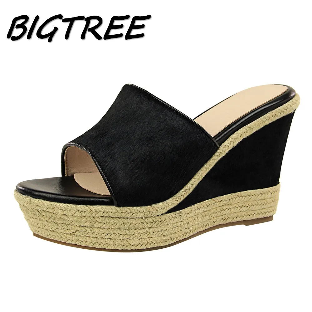 

BIGTREE Summer Women Wedges Sandals Shoes Woman Pumps Ladies Fashion Concise Fur Straw Hemp rope Female Thick Sandals Shoes