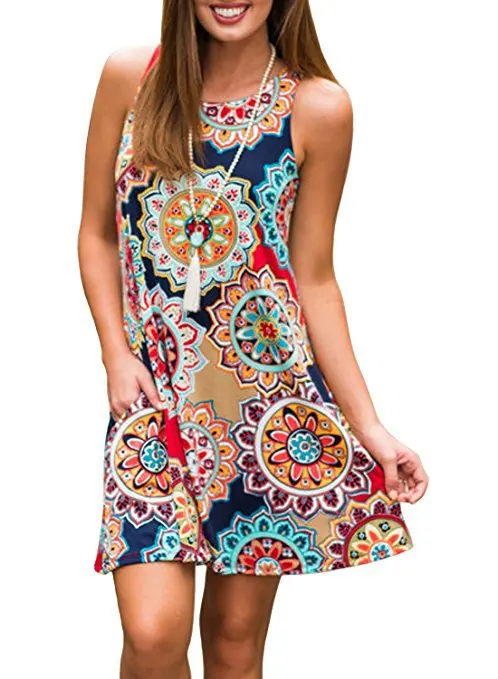 

2019 Women Dresses A-line Sleeveless Pockets Mini Beach Dresses Plus Size O-neck Summer Casual Printed Dress Sundress Boho Dress