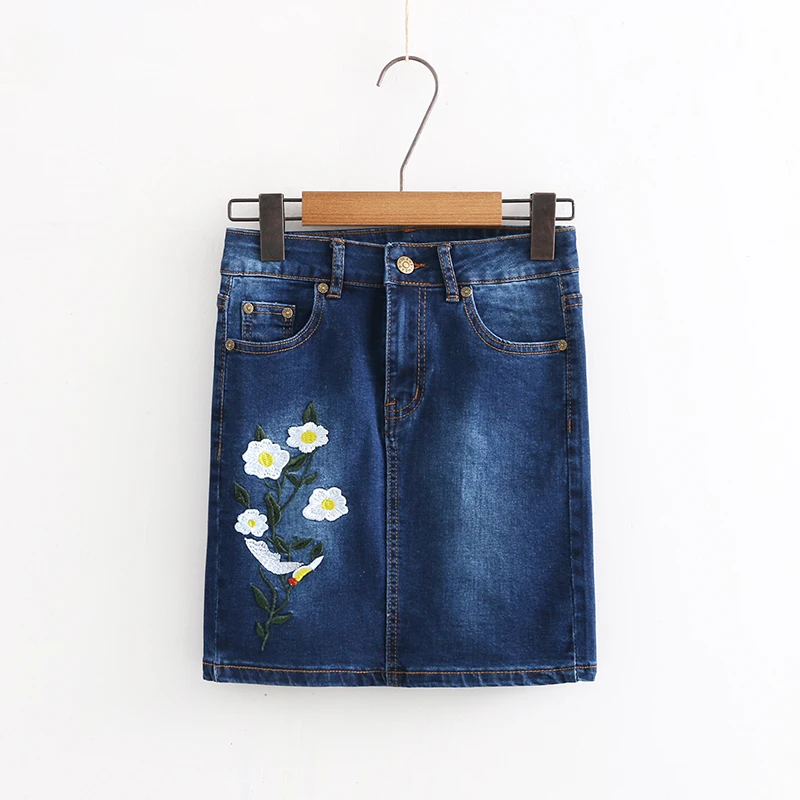 

spring autumn new solid color embroidered denim stretch Slim female skirt, was thin and wild bag body denim skirt female