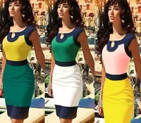 2013 New Fashion Womens Vintage Colorblock Celeb Style Keyhole Bodycon Stretch Party Pencil Knee-Length Dress Plus Size: S-XL