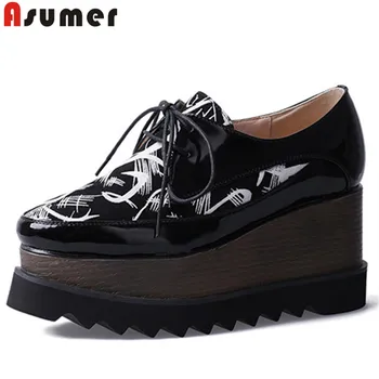 

ASUMER fashion 2020 new pumps women shoes round toe lace up genuine leather shoes platform wedges shoes spring high heels shoes