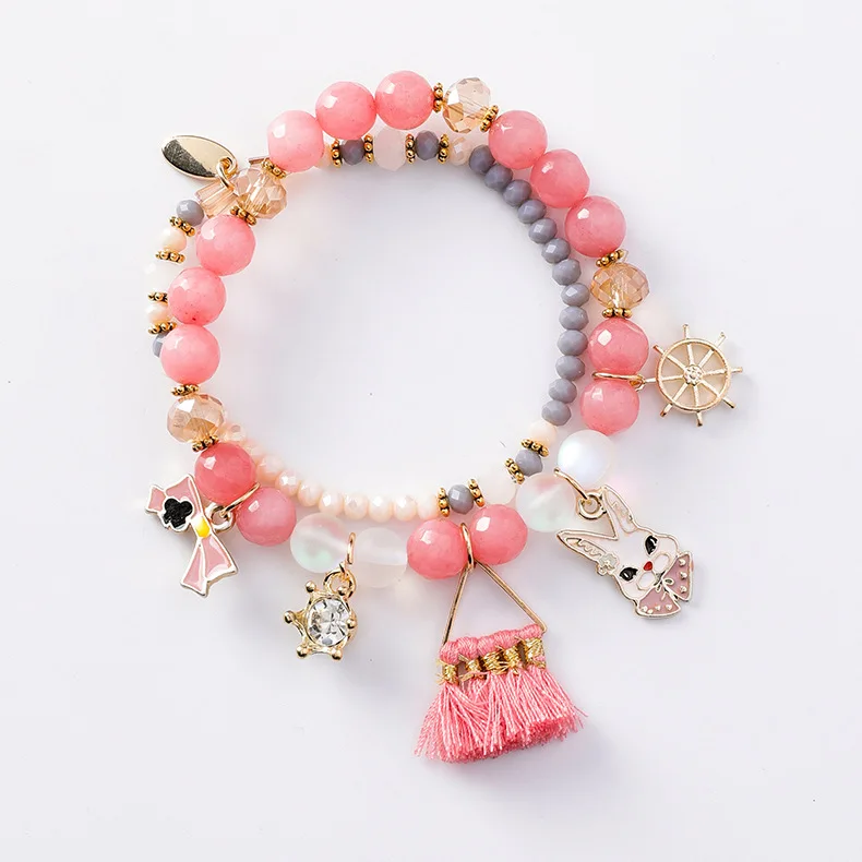 

New Arrival Charms Pink Crystal Pearl Beads Hearts Elastic Force Bracelet For Women Girl Jewelry Wholesale pulseira feminina