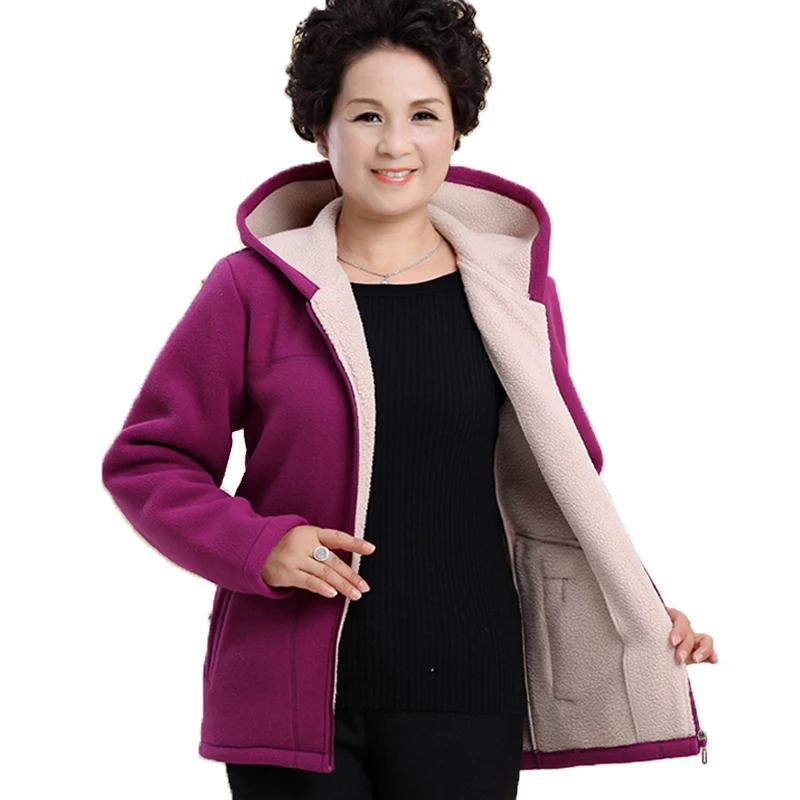 Ideal New Winter Outwear Middle Aged Womens Imitation Lambs Fleece Jacket Hooded Ladies Warm Soft Velevt