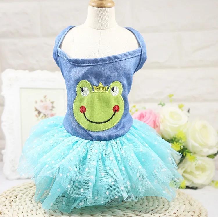 B75 Cheap Summer Spring Pet Dog Denim Dress Clothes Cute Cartoon Puppy