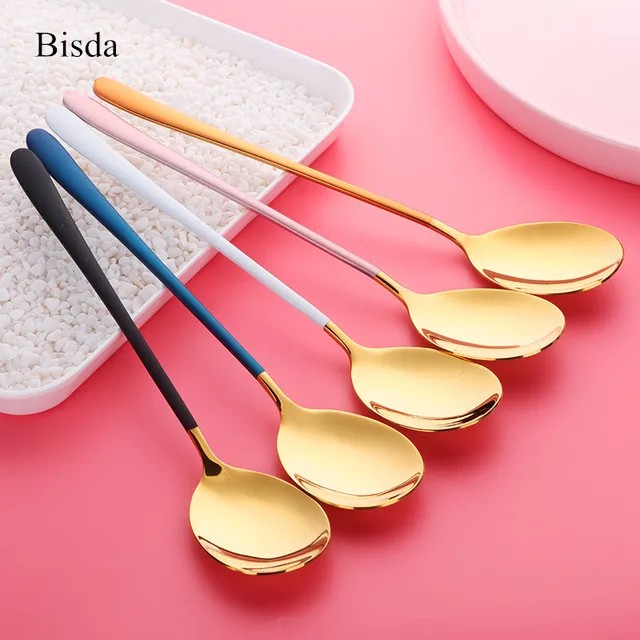 2PCS Korea Spoon Set Stainless Steel Soup Spoon Long Handle Gold