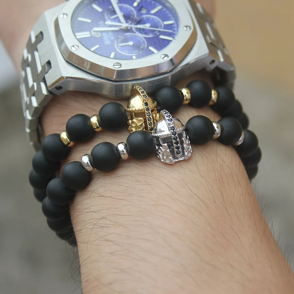 

Trendy Helmet & Lion Bracelets Men Natural Stone Beads For Women Men Jewelry Matte Onyx Pulseras Mujer Bileklik Erkek Charm