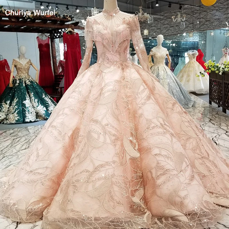 

LS934478 luxury dubai golden lace evening party dress long sleeves high neck floor length elegant mothers women occasion dress