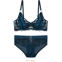 Темно-зеленый B C D 32 34 36 38 женский Бюстгальтер Сексуальная кружевная вышивка ультра-тонкие дышащие бюстгальтеры в комплекте плюс размер нижнее белье трусики подарочные товары