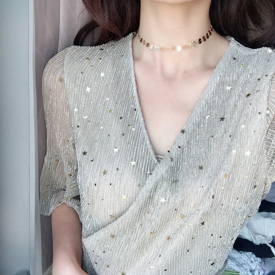 Metal texture joker smooth surface small round plate pendant Korean temperament female simple fashion collar bone chain | Украшения и