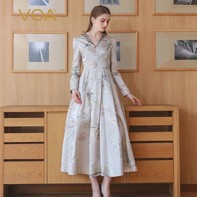 

VOA Plus Size High Waist V Neck Silk Runway Dress Slim Tunic Women Maxi Long Party Dresses Vintage Grey Printed Winter ALX18901