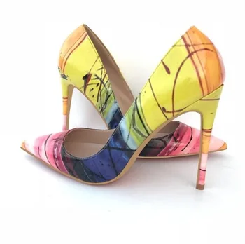 

Sexy Pointed Toe Stiletto Heels Dress Shoes Yellow Graffiti High Heel Kate Pumps Woman 12/10/8cm Stiletto Shoes Wedding Women