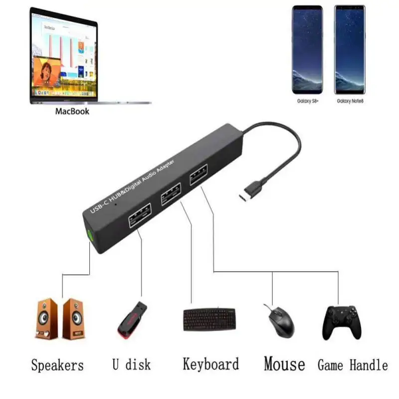 

USB-C Hub TypeC 3.5mm Digital Audio Adapter 3 Ports USB 2.0 HUB for MacBook Pro Mobile Phones ChromeBook Laptop Computer