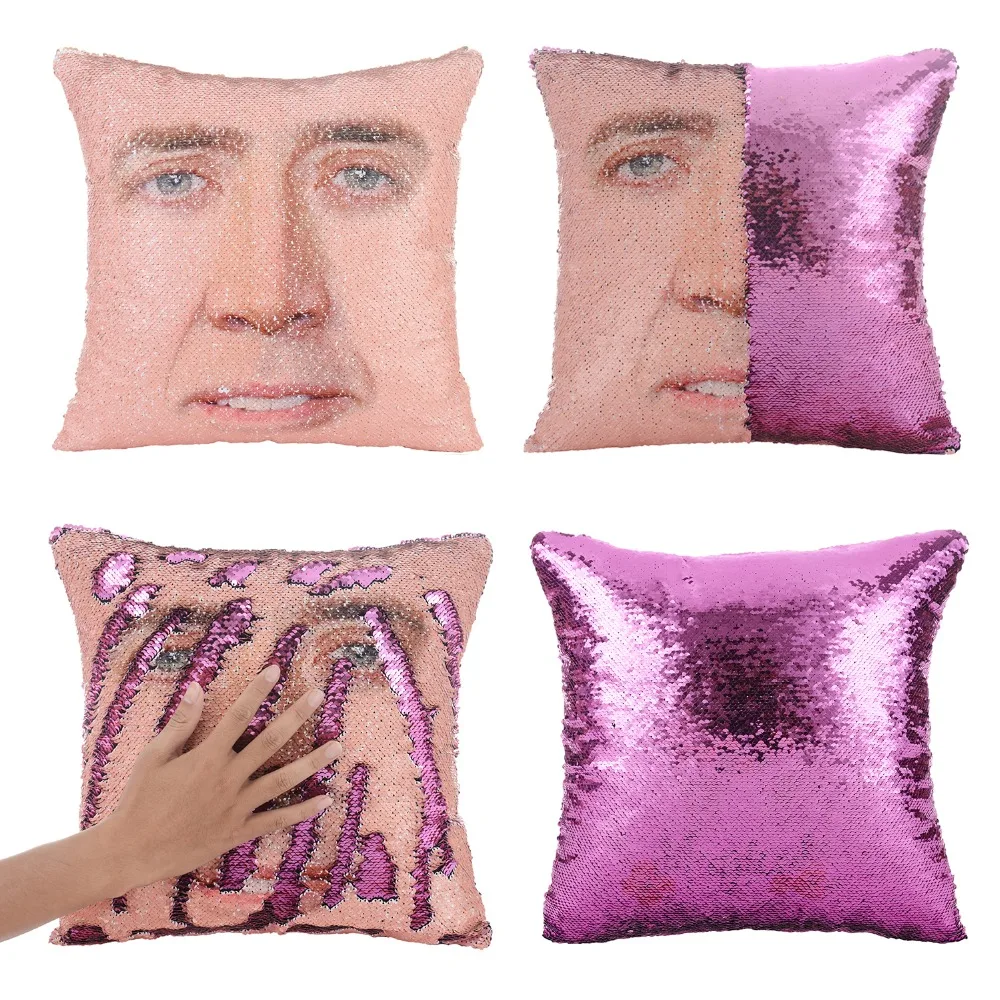 

Magical Nicolas Cage Cushion Cover with Sequins Super Shining Reversible Color Changing Pillow Cover 40x40cm Home Car Decoraion