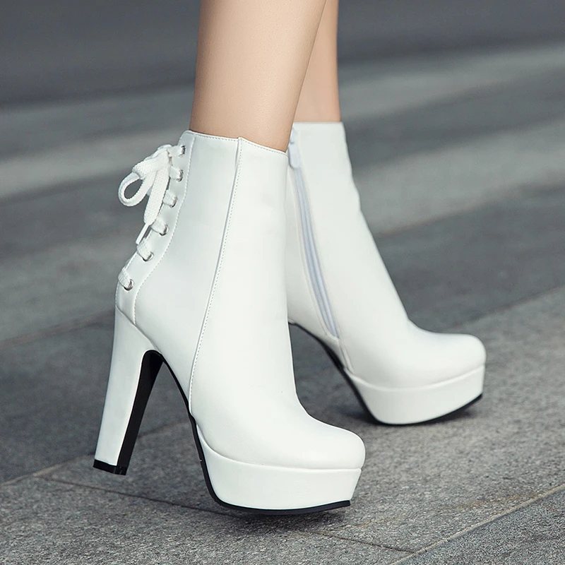 

SFBENZ Plus Size 34-43 Women 2018 Winter Ankle Boots Pu Leather High Heeled 12cm Bottes Femme Platform Ladies Shoes Black White