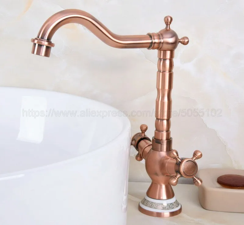 Antique Red Copper Bathroom Sink Faucet Basin Mixer Tap Double Cross Head Handle Hot and Cold Water Mixer Tap znf619