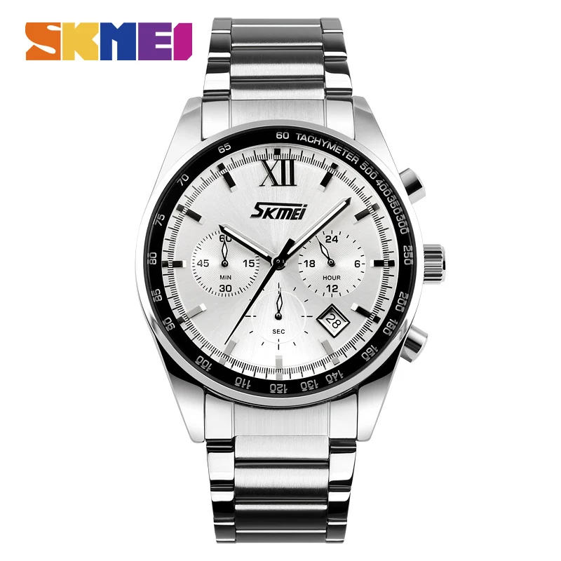 SKMEI 9096 мужские деловые кварцевые часы из нержавеющей стали Многофункциональные водонепроницаемые наручные часы хронограф brandroloj Deportivo