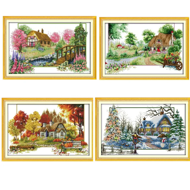 Four Seasons Spring Summer Autumn Winter Home Town House Patterns Counted Cross Stitch DIY Embroidery for Home Decor Needlework 3