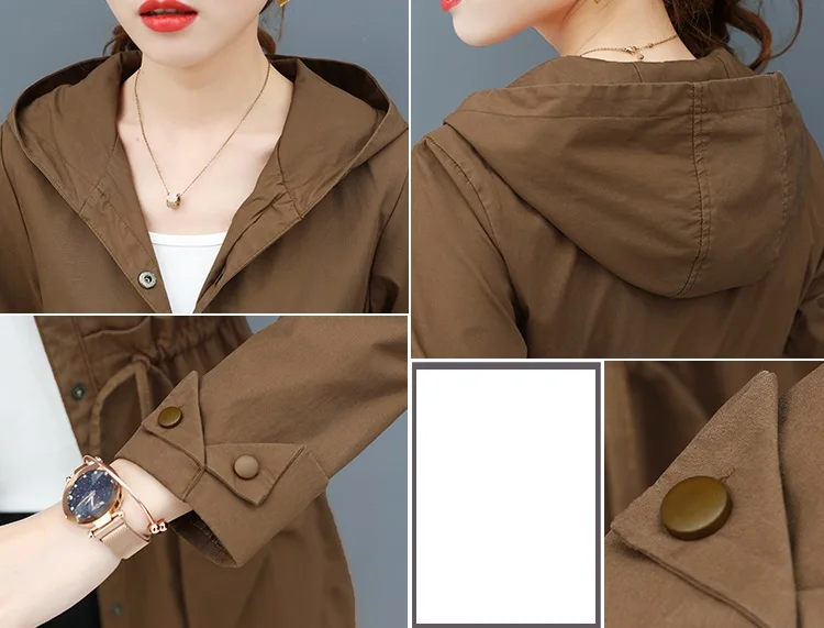 Spring Autumn Trench Coat Women Full Sleeve Thin Overcoat Medium Long Windbreaker Female New Temperament Hooded Clothing