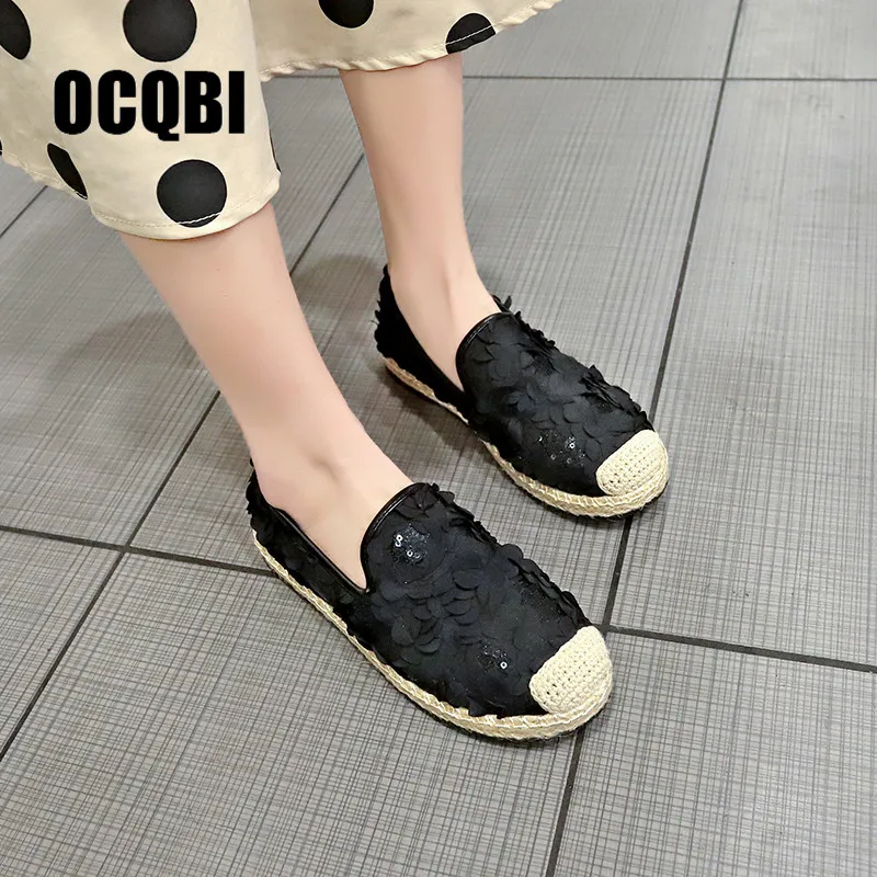 

Spring Women Loafers Cane Hemp Straw Fisherman Flats Heel Shoes Woman Espadrilles Flats Slip On Casual Fashion 4D Flower Shoes